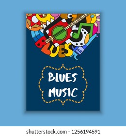 Vector template for banners or greeting card with bright ornaments in western style. With doodle elements of blues and country music 