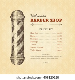 Vector template of barber shop flyers with barber pole in woodcut style. Retro illustrations with information and price list. Easy editable. Classic style.