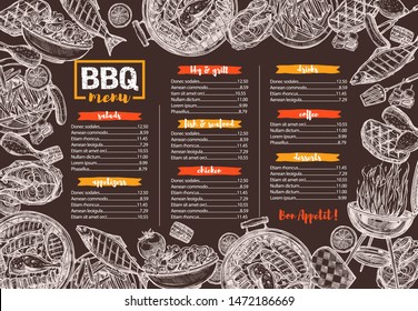 Vector template of bbq, grill, barbecue and meat menu. Sketch hand drawn illustration on chalkboard. Design template and layout for café and restaurant design