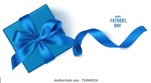 Vector template with beautiful decorative gift box, blue bow and long ribbon isolated on white. Happy Father's Day background