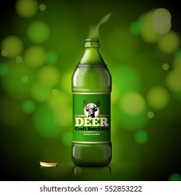 Vector template for Beer advertisement, open bottle with smoke on bright green background with shining glare.