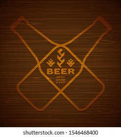 Vector template with beer bottles with hops and malt on a wooden background. Best drink ever.