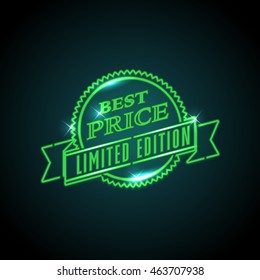 vector template of best price emblem in green neon design classic nightfall isolated special black numeric new fashionable nocturnal sign storehouse employment blue glow luxurious light old-fashioned