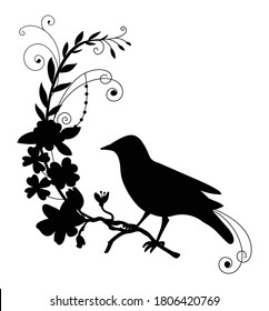 Pájaro de plantilla de vectores y flores decorativas. Ilustración de silueta negra aislada en blanco. Para invitación a la boda, diseño, impresión, camiseta, decoración de casa, pegatinas, velo meteorológico, aplicación y tatuaje