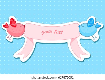 Vector template with birds hold tape with inscription. Flat line art style bird for print, web, site, gift card, wedding invitation, romantic banner, greeting card