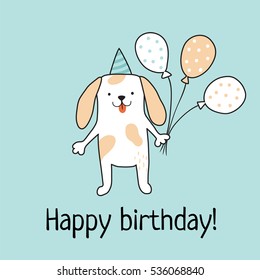 vector template of a birthday card, cute dog holding baloons in his paws