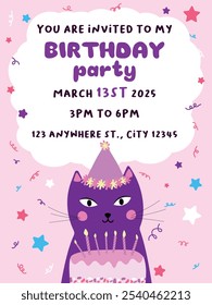 Vector template of birthday invitation card for kid. Cute cat invites to child's birthday party. Vector illustration eps 10. Day cards, flyer, poster, banner, brochure, social media post, events and p