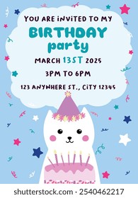 Vector template of birthday invitation card for kid. Cute cat invites to child's birthday party. Vector illustration eps 10. Day cards, flyer, poster, banner, brochure, social media post, events and p