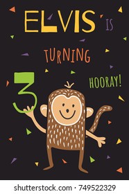 vector template of a birthday invitation, cute monkey holding a number