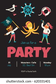 vector template of a birthday invitation with pirates on dark background