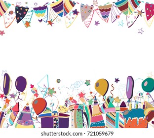 Vector template for birthday party greeting card. Hand drawn illustration.