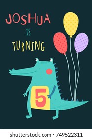 vector template of a birthday party invitation, crocodile with balloons