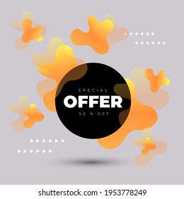 Vector template with black circle and shapeless yellow figure and lettering special offer 