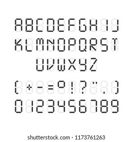 Vector template of black digital font. Illustration of letters and numerals with punctuation marks on white background