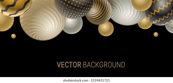 Vector template with black and golden color 3d decorative ball. Abstract illustration with shine textured bubble with pattern on black background. 3d abstract style design with sphere shape for banner