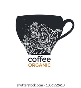 Vector template with black shape of coffee cup, branch, bean, leaf on white background. Symbol floral realistic nature art line logo. Engraving sketch design. Organic sticker Food card Fresh hot drink