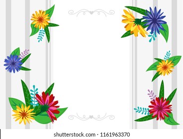 Vector template, blank pages or the cover of a photo album or a notebook with a bright multi-colored flowers on a gray striped background. In the center there is a place for photos, inscriptions