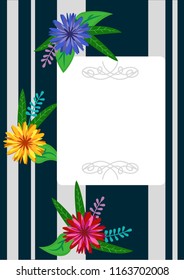 Vector template, blank pages or the cover of a photo album or a notebook with a bright multi-colored flowers on a black striped background. In the center there is a place for photos, inscriptions