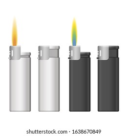 Vector template - Blank White and Black Plastic Metal Lighters with Flame, Close up Isolated on White Background. Set Tool for smoker. Vector illustration.