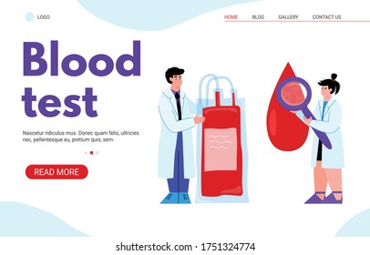 Plantilla de vectores para una página de análisis de sangre para el diseño web. Cifras de médicos con plasma y una gota de sangre. Ilustración vectorial plana sobre un fondo blanco.
