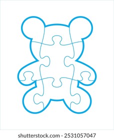 Vector template blue outline of a bear composed of puzzle pieces on a white background.