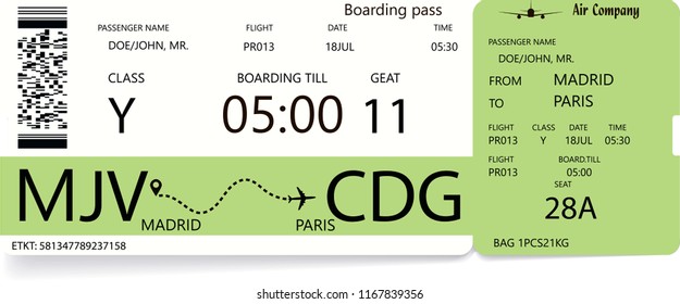 Vector template of a boarding pass ticket in green color for traveling by aircrafts. Journey concept