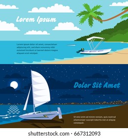 Vector template of boat on the beach. Seascape with boat moored to coast in flat faceted style.