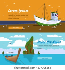 Vector template of boat on the beach. Seascape with boat moored to coast in flat faceted style.