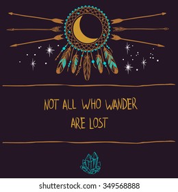 Vector Template In Bohemian Style. Dream Catcher,moon And Arrows. Invitation Card, Book Or Cd Cover, T-shirt Design