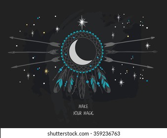 Vector template in bohemian style. Dream catcher,moon and arrows. Invitation card, book or cd cover, t-shirt design