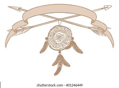 Vector template in bohemian style. Dream catcher and arrows. Banner with place for your text. Invitation card, book or cd cover, t-shirt design