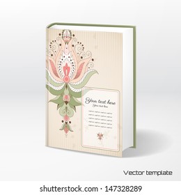 Vector template book cover. Damask pattern on vintage background. Old paper, strips and stains. Transparent frame for your text. Realistic shadow.