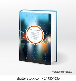Vector template book cover. Rain, wet glass, street, a man with an umbrella. Place for your text. Realistic shadow.
