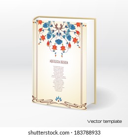 Vector template book cover. Vintage round pattern in modern style. Aquilegia plants contain flowers, buds and leaves. Place for your text. Realistic shadows.