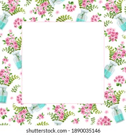 Vector template with a bouquet of pink flowers and fern in a jar, a vase. Suitable for holiday and greeting cards, wedding invitations