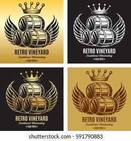 Vector template for branding beer or wine brand with crown and wings. set of vector illustrations on different backgrounds