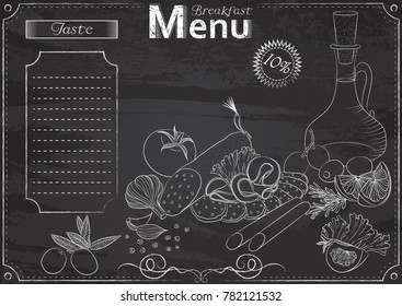 Vector template with breakfast elements for menu stylized as chalk drawing on chalkboard.Design for a restaurant, cafe or bar