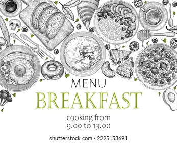 Vector template of breakfast menu banner in engraving style. Bacon and eggs, pan tomatoes, pancakes, oatmeal with fruits and berries, fruit cornflakes, bread, sandwiches, croissant, coffee, cutlery