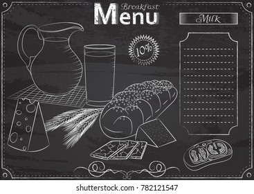 Vector template with breakfast milk elements for menu stylized as chalk drawing on chalkboard.Design for a restaurant, cafe or bar