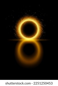 Vector template of bright fiery magical portal with reflection, glowing lights in form of shining sparkling circle on black background. Round frame with luminous trail effect, sparks, fire.