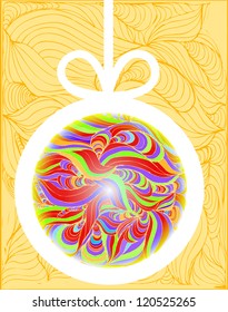 Vector template of the brochure Christmas. Red-green Christmas background with hanging Christmas sphere