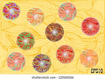 Vector template of the brochure Christmas. Red-green Christmas background with hanging Christmas spheres. Holiday. Vector