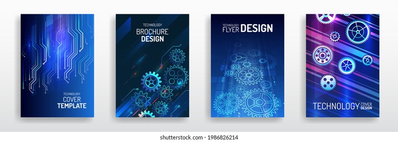 Vector template for brochure or cover with gears, mechanical elements background. Blue layout futuristic brochures, flyers, placards. Contemporary science and digital technology concept.