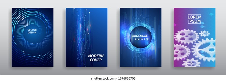 Vector template for brochure or cover with hi-tech elements background. Blue layout futuristic brochures, flyers, placards. Contemporary science and digital technology concept. 