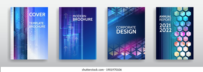 Vector template for brochure or cover with hi-tech elements background. Blue layout futuristic brochures, flyers, placards. Contemporary science and digital technology concept.