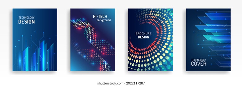 Vector template for brochure or cover with hi-tech elements background. Blue layout futuristic brochures, flyers, placards. Contemporary science and digital technology concept. 