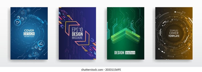 Vector template for brochure or cover with hi-tech elements background. Business layout, futuristic brochures, flyers, placards, presentation. Modern science and digital technology concept. 