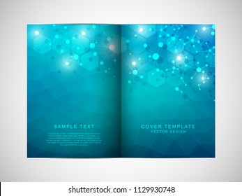 Vector template for brochure or cover with molecular structure background and connected lines and dots. Medicine, science and digital technology concept
