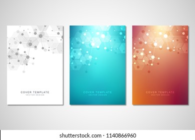 Vector template for brochure or cover with molecular structure background and connected lines and dots. Medicine, science and digital technology concept