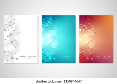 Vector template for brochure or cover with molecular structure background and connected lines and dots. Medicine, science and digital technology concept